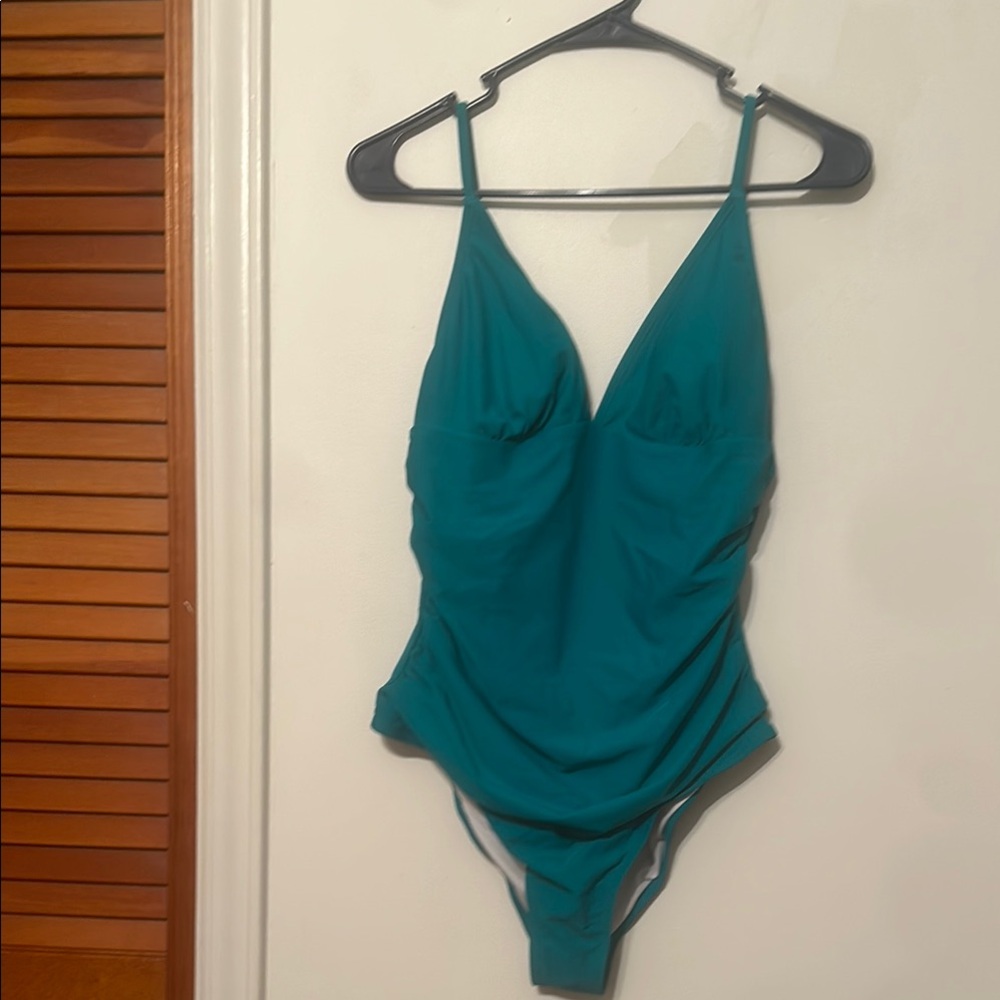 Blue One-Piece Swimsuit with V-Neck and Ruching